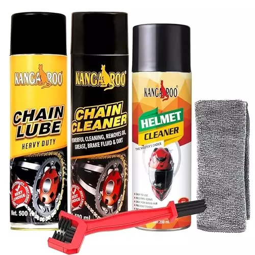 Kangaroo Bike Care Kit (Chain Lube 500 ml, Chain Cleaner 500 ml, Helmet Cleaner 200 ml, 1 Chain Cleaning Brush, 1 Microfibre Cloth), CL_CC_B_500_HC_T_200