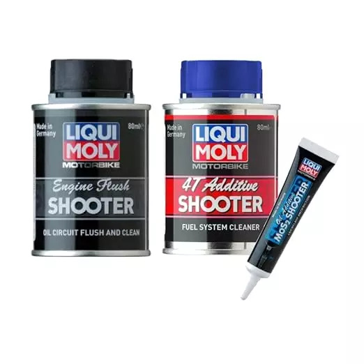 Liqui Moly 80 ml 4T Shooter, 80 ml Flush Shooter and 20 ml Mos2 Additive Shooter Combo for Motorbikes, ‎20597 / 7822 / 3444 (Combo of 3)