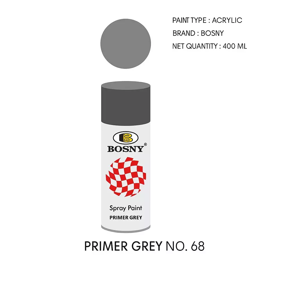 Bosny Aerosol Spray Paint Grey Gloss Finish 400 ml Can for Indoor & Outdoor Use, No. 68