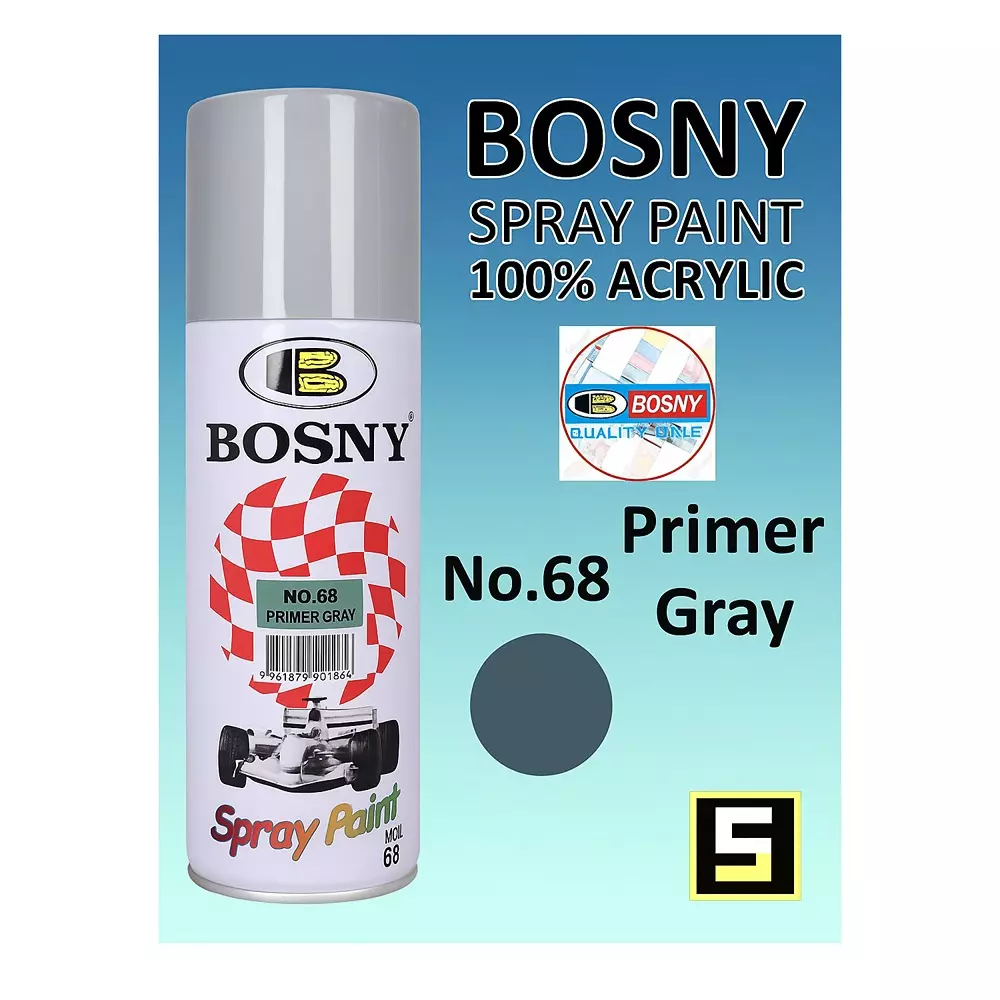 Bosny Aerosol Spray Paint Grey Gloss Finish 400 ml Can for Indoor & Outdoor Use, No. 68
