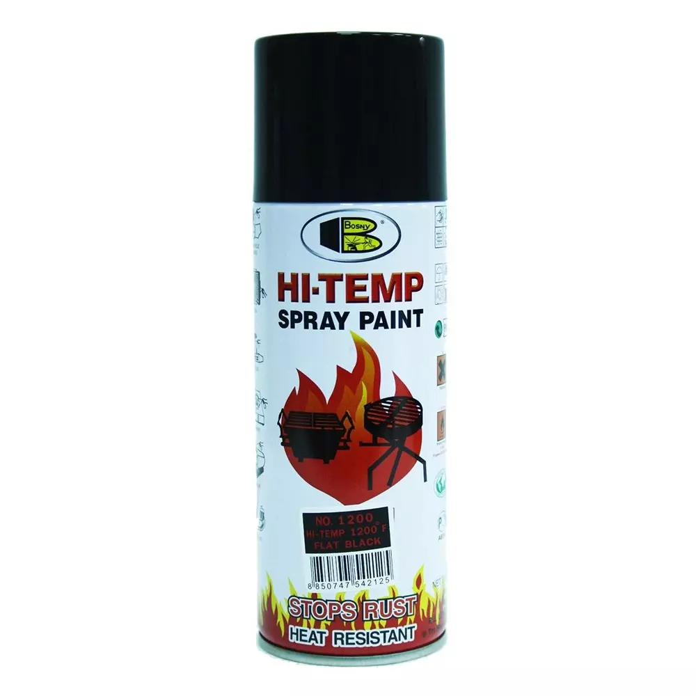 Bosny Aerosol Spray Paint Flat Black Finish Up to 1200°F 400 ml Can for Mufflers, Boilers & Engines, No. 1200