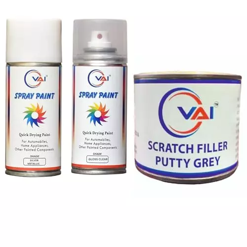VAI Touch Up Spray Paint Premium Silver Metallic & Gloss Clear ‎225 ml Can Each for Maruti Suzuki Cars with Scratch Filler Putty Grey 200 g, 1 Putty Abrasion Tool, 320 Grits Sandpaper