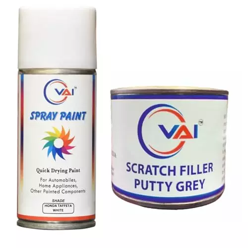 VAI Touch Up Spray Paint Taffeta White 225 ml Can for Honda Brio, Amaze, Civic, City with Scratch Filler Putty Grey 200 g, 1 Putty Abrasion Tool and 320 Grits Sandpaper