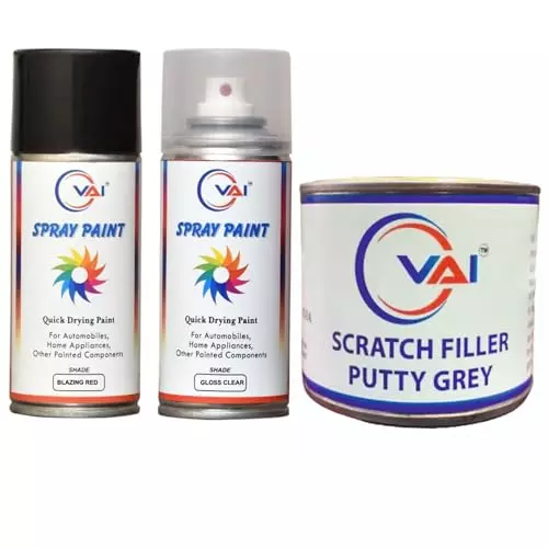 VAI Touch Up Spray Paint Blazing Red & Gloss Clear ‎225 ml Can Each with Scratch Filler Putty Grey 200 g, 1 Putty Abrasion Tool and 320 Grits Sandpaper