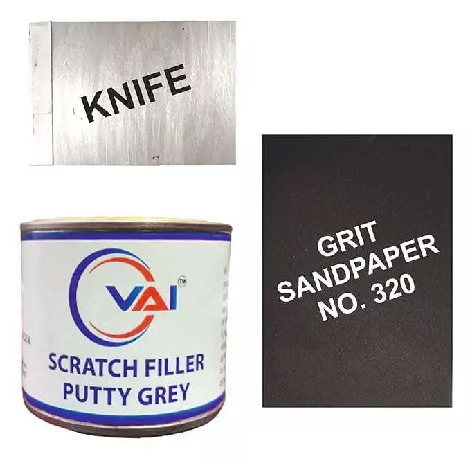 VAI Touch Up Spray Paint Blazing Red & Gloss Clear ‎225 ml Can Each with Scratch Filler Putty Grey 200 g, 1 Putty Abrasion Tool and 320 Grits Sandpaper