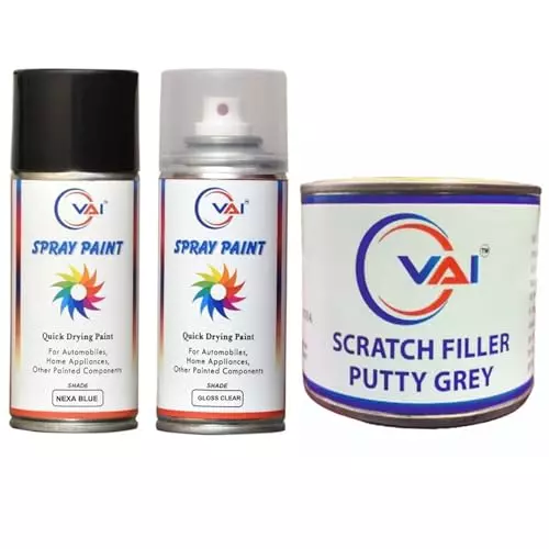 VAI Touch Up Spray Paint Blue & Gloss Clear ‎225 ml Can Each with Scratch Filler Putty Grey 200 g, 1 Putty Abrasion Tool and 320 Grits Sandpaper