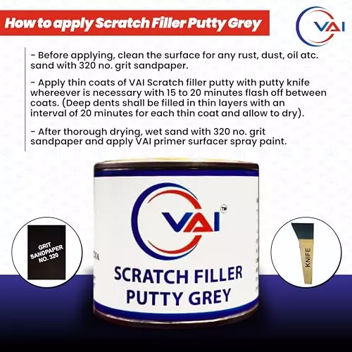 VAI Touch Up Spray Paint Blue & Gloss Clear ‎225 ml Can Each with Scratch Filler Putty Grey 200 g, 1 Putty Abrasion Tool and 320 Grits Sandpaper