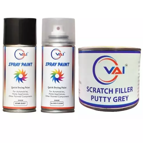 VAI Spray Paint Can Star Dust & Gloss Clear ‎225 ml Can Each for Hyundai with Scratch Filler Putty Grey 200 g, 1 Putty Abrasion Tool and 320 Grits Sandpaper