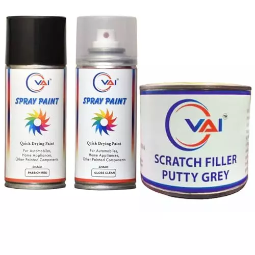 VAI Spray Paint Can Passion Red & Gloss Clear ‎225 ml Can Each for Maruti Suzuki Cars with Scratch Filler Putty Grey 200 g, 1 Putty Abrasion Tool and 320 Grits Sandpaper