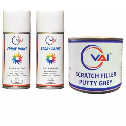 VAI Spray Paint Can Superior White 225 ml for Maruti Cars with Scratch Filler Putty Grey 200 g, 1 Putty Abrasion Tool and 320 Grits Sandpaper
