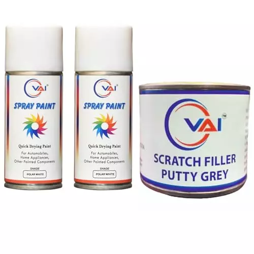 VAI Spray Paint Can Polar White 225 ml for Venue with Scratch Filler Putty Grey 200 g, 1 Putty Abrasion Tool and 320 Grits Sandpaper