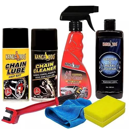 Kangaroo Premium Bike Care Kit (150 ml Chain Lube, 150 ml Cleaner, 200 ml All For One Polish, 200 ml Metal Polish, 1 Microfiber Cloth & 2 Foam), CLCCB_150_AFO_CMP-200