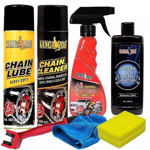Kangaroo Premium Bike Care Kit (500 ml Chain Lube, 500 ml Cleaner, 200 ml All For One Polish, 200 ml Metal Polish, 1 Microfiber Cloth & 2 Foam), CLCCB_500_AFO_CMP-200