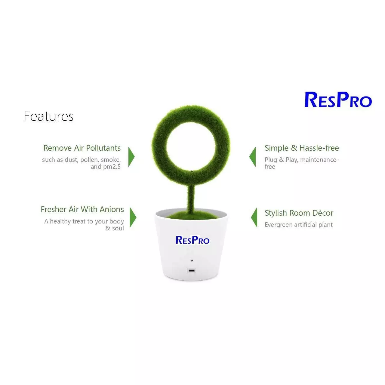 Respro 5 V DC Portable Desktop USB Plant Air Purifier, PO-359