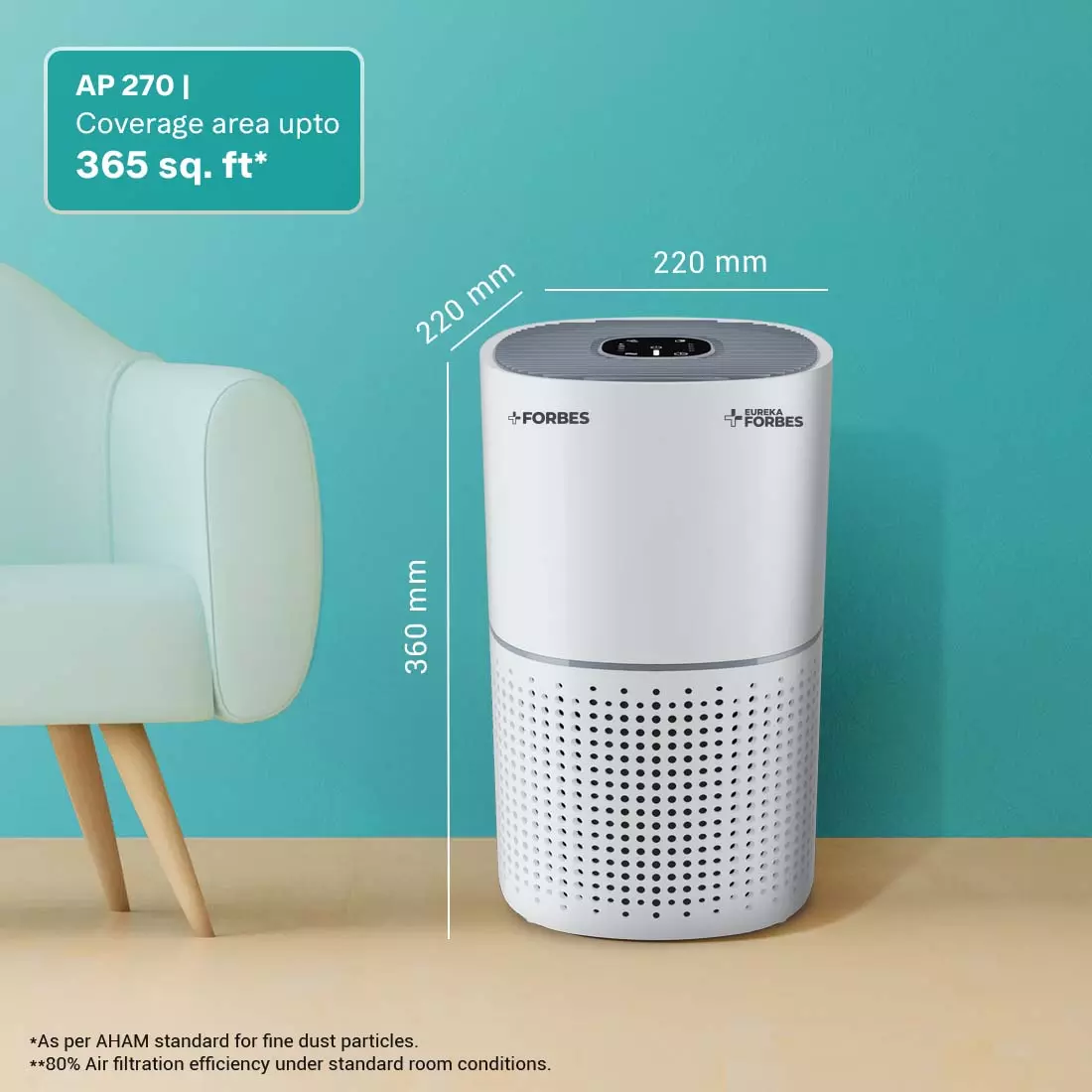 Forbes 270 Surround 360° Air Purifier True HEPA H13 Filter 4 Stage Purification Up to 365 Sq. Ft. Coverage Area, White
