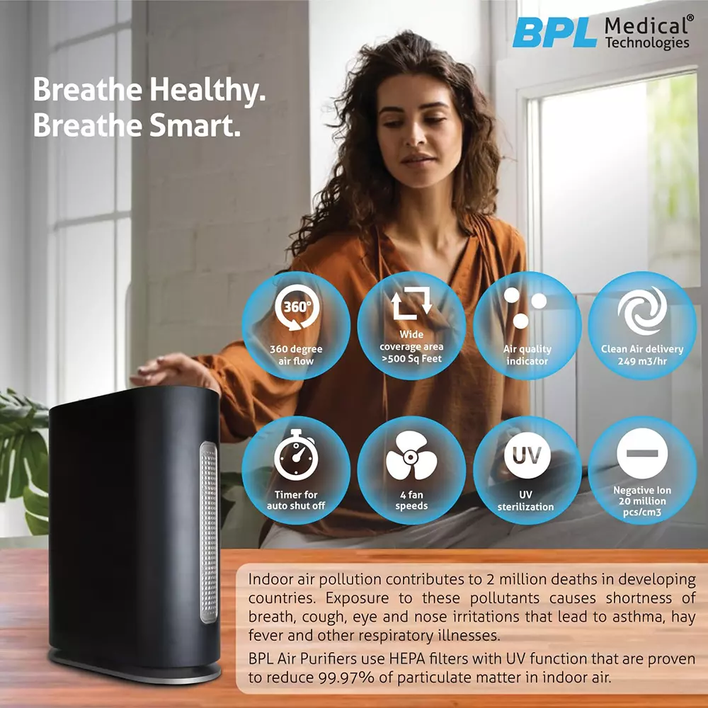 BPL Medical Technologies Room Air Purifier Black Electric 500 Sq ft Area Covrage Electric 4 Fan Speed Setting, AP-03