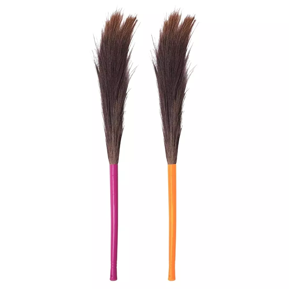 Dr. Marwin No Dust Grass Long Stick Oval Floor Broom With Natural Soft Assorted for Home, School & Hospitals (Pack of 2 Pcs)