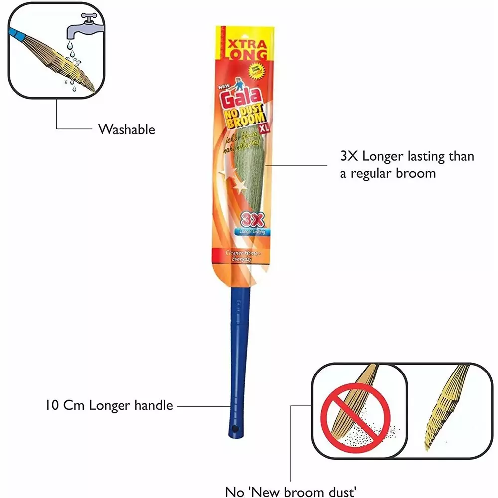Gala Modular No Dust Broom XL Size Blue Fiber Brush Material Plastic Handle Material 100 cm for Home & Office Use, (Pack of 2 Pcs)