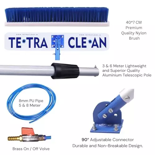 TetraClean Solar Panel Cleaning Brush Soft Nylon Bristles with Aluminium Handle Blue 3 m Long
