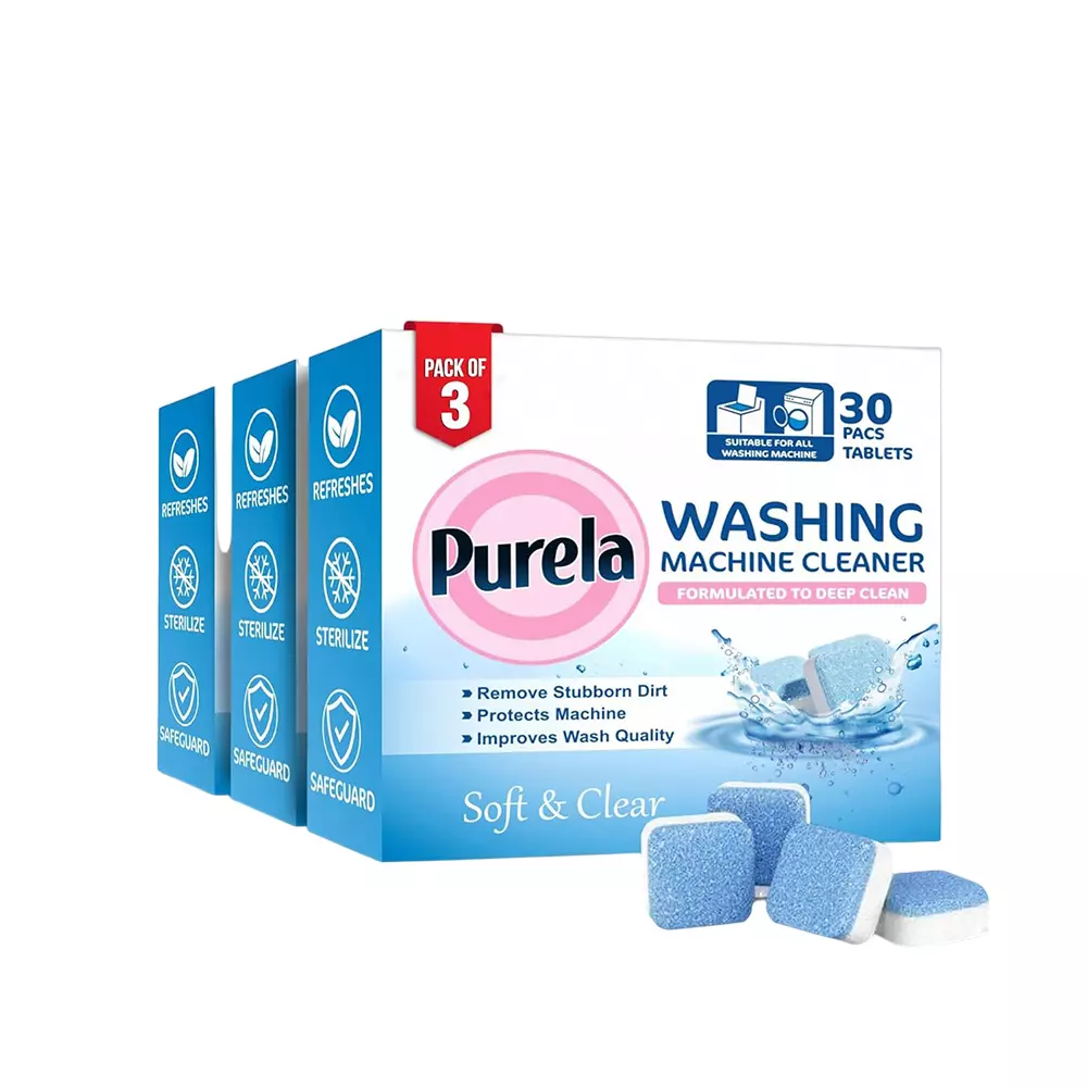 Purela Washing Machine Cleaner 30 Pcs Tablet Per Pack Fresh Scent Cruelty Free For All Washing Machine Front Load and Top Load (Pack of 3)