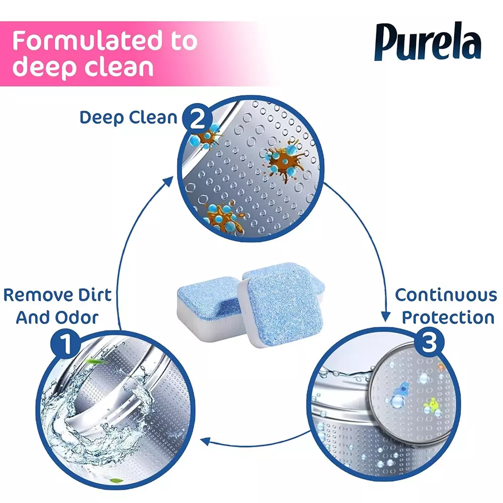 Purela Washing Machine Cleaner 30 Pcs Tablet Per Pack Fresh Scent Cruelty Free For All Washing Machine Front Load and Top Load (Pack of 3)