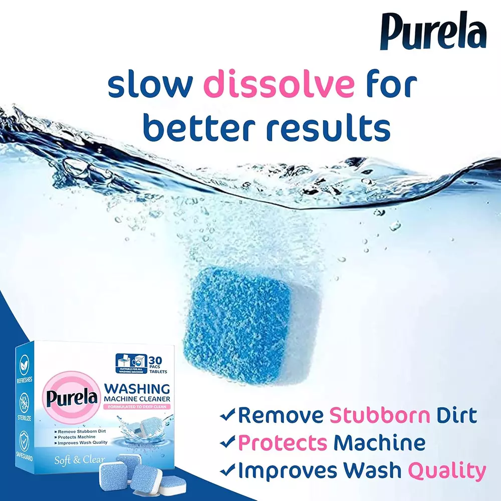Purela Washing Machine Cleaner 30 Pcs Tablet Per Pack Fresh Scent Cruelty Free For All Washing Machine Front Load and Top Load (Pack of 3)