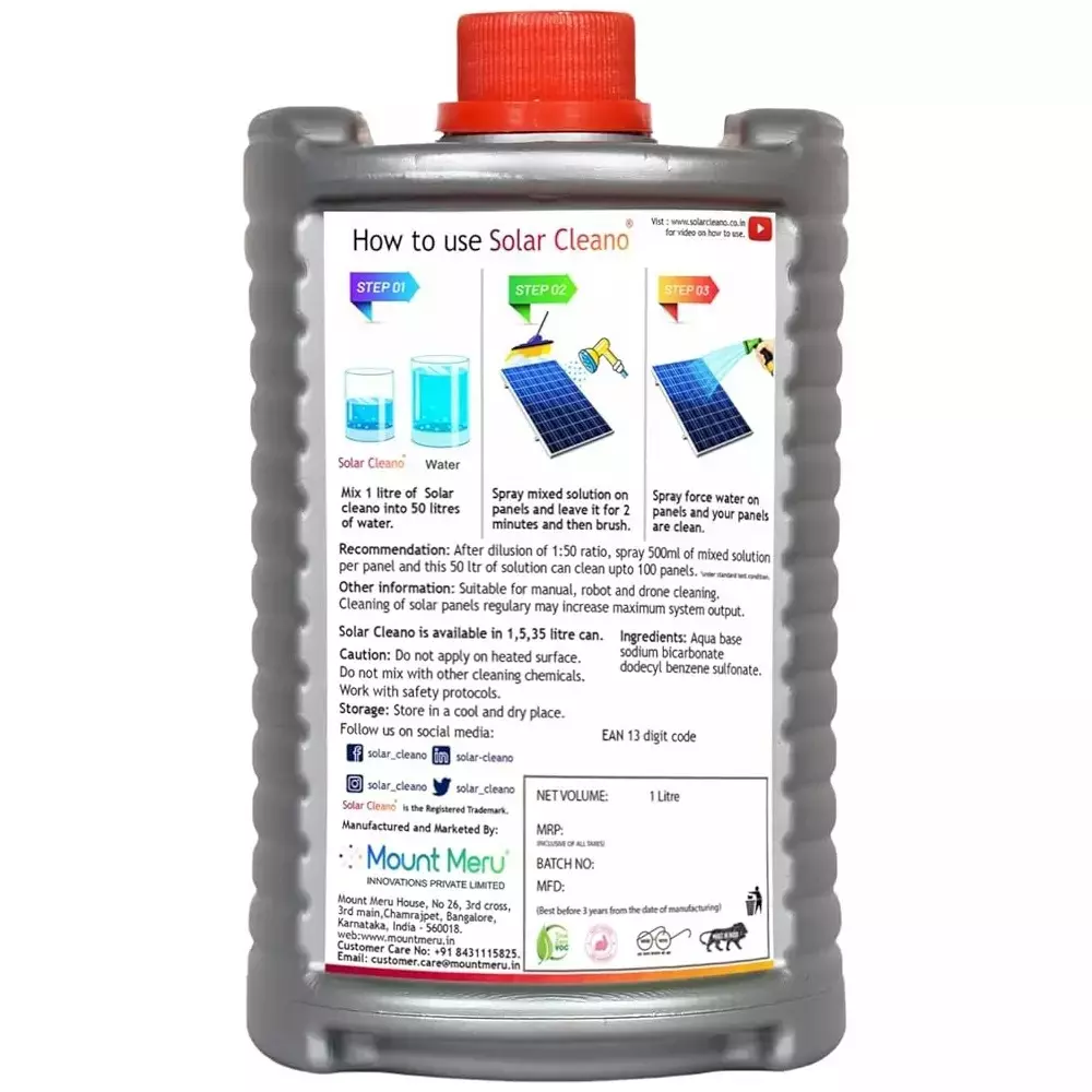 Solar Cleano 1 L Solar Panel Cleaner Delusion Ratio 1:50 Cleans upto 100 Panels (Pack of 12)