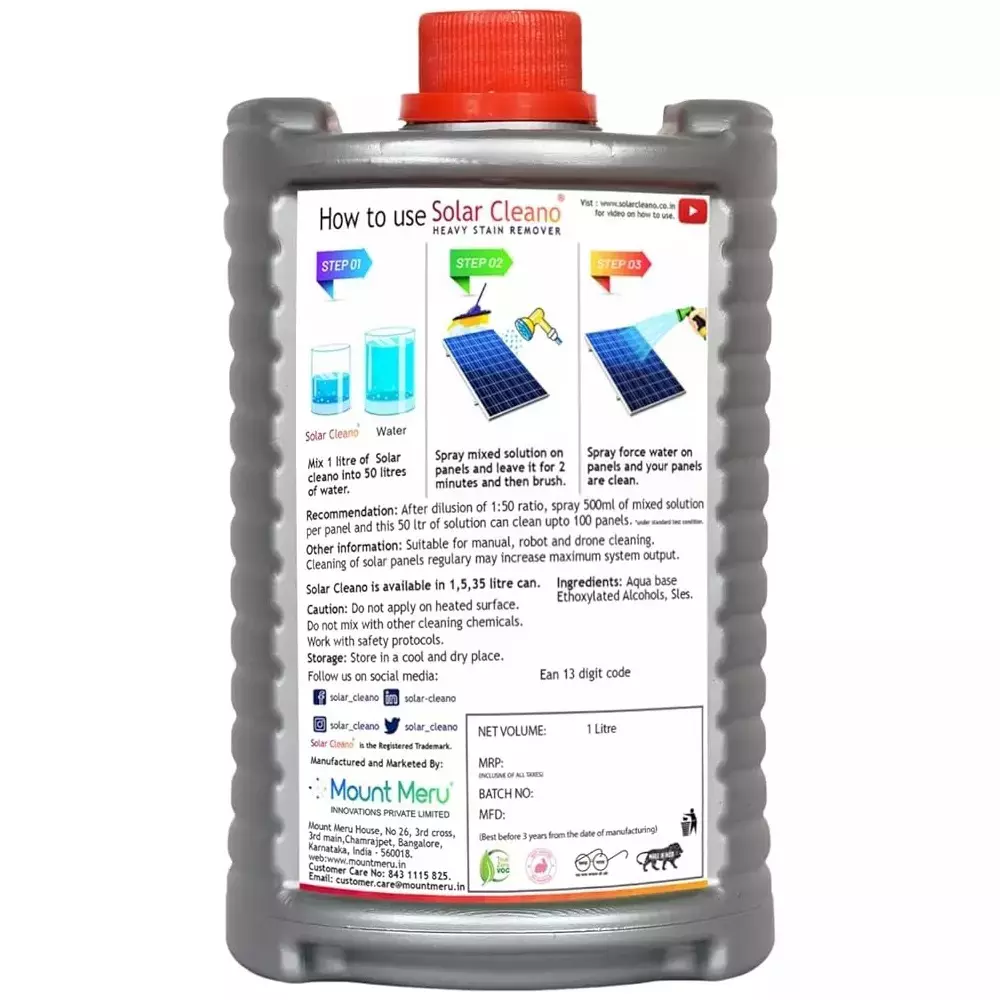 Solar Cleano 1 L Stain Remover Delusion Ratio 1:50 Cleans Upto 100 Panels (Pack of 12)