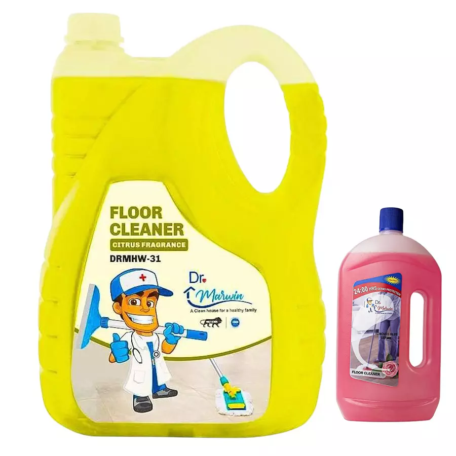 Dr. Marwin Floor Cleaner Phenyl Combo Yellow & Pink (5 L Can - Citrus + 500 ml Bottle - Rose) Citrus & Rose for Home, School & Hospitals
