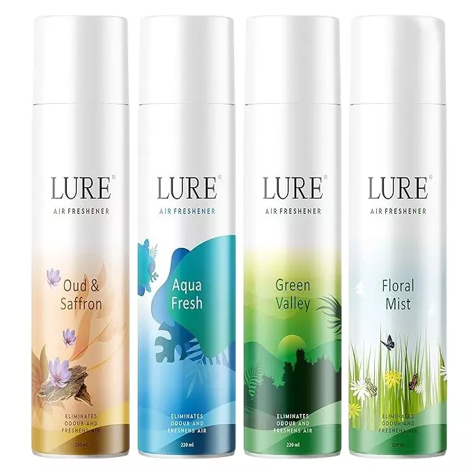 Lure Room Air Freshener Spray Kit 220 ml (Each) Oud & Saffron, Aqua Fresh, Green Valley, Floral Mist Fragrance Bottle for Bathroom, Toilet, Home & Office