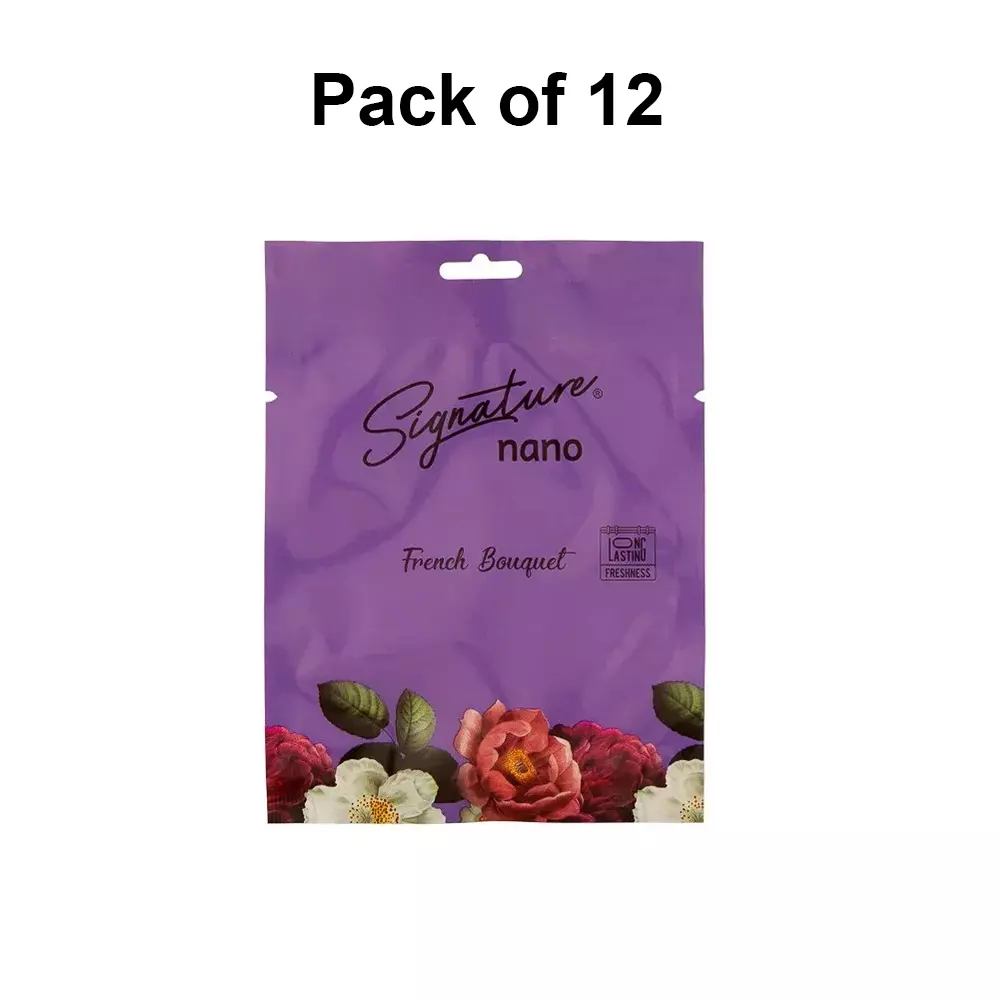 Signature Nano Air Freshener Sachet French Bouquet Hanging Mount Type 10 g Packet Powder Form for Rooms, Cars & Bathrooms, FG001032 (Pack of 12 Pcs)