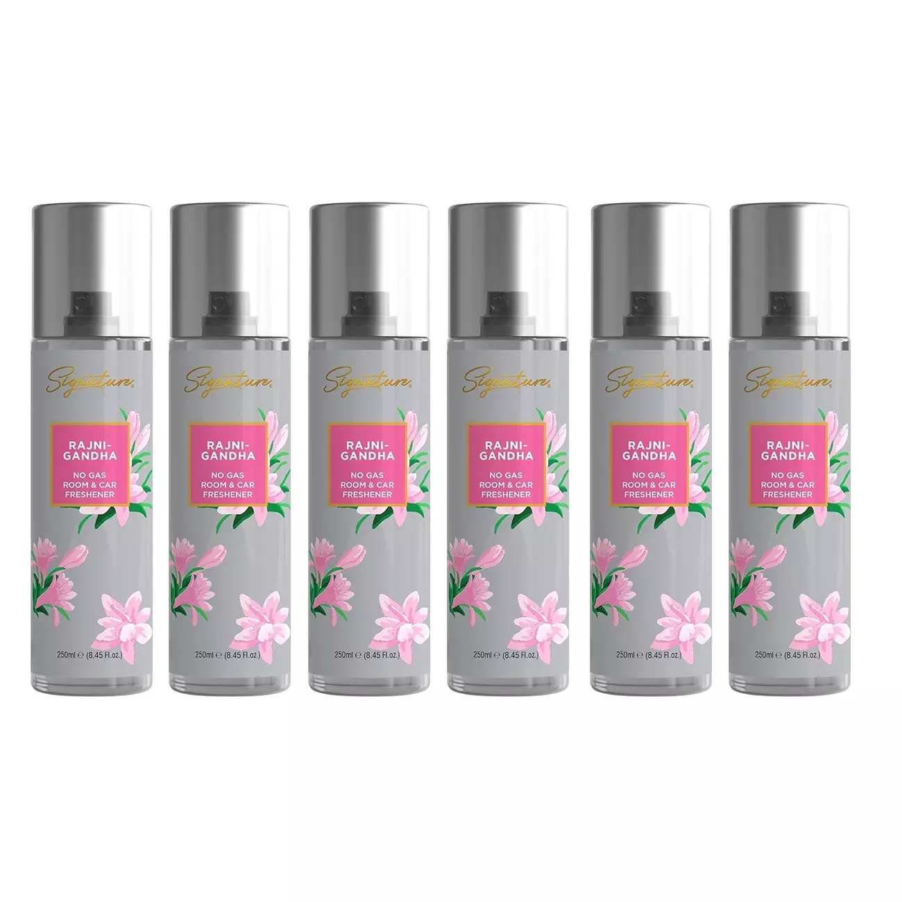 Signature Air Freshener Spray Rajnigandha 250 ml Bottle liquid Form for Rooms, Cars & Bathrooms, FG000716 (Pack of 6 Pcs)