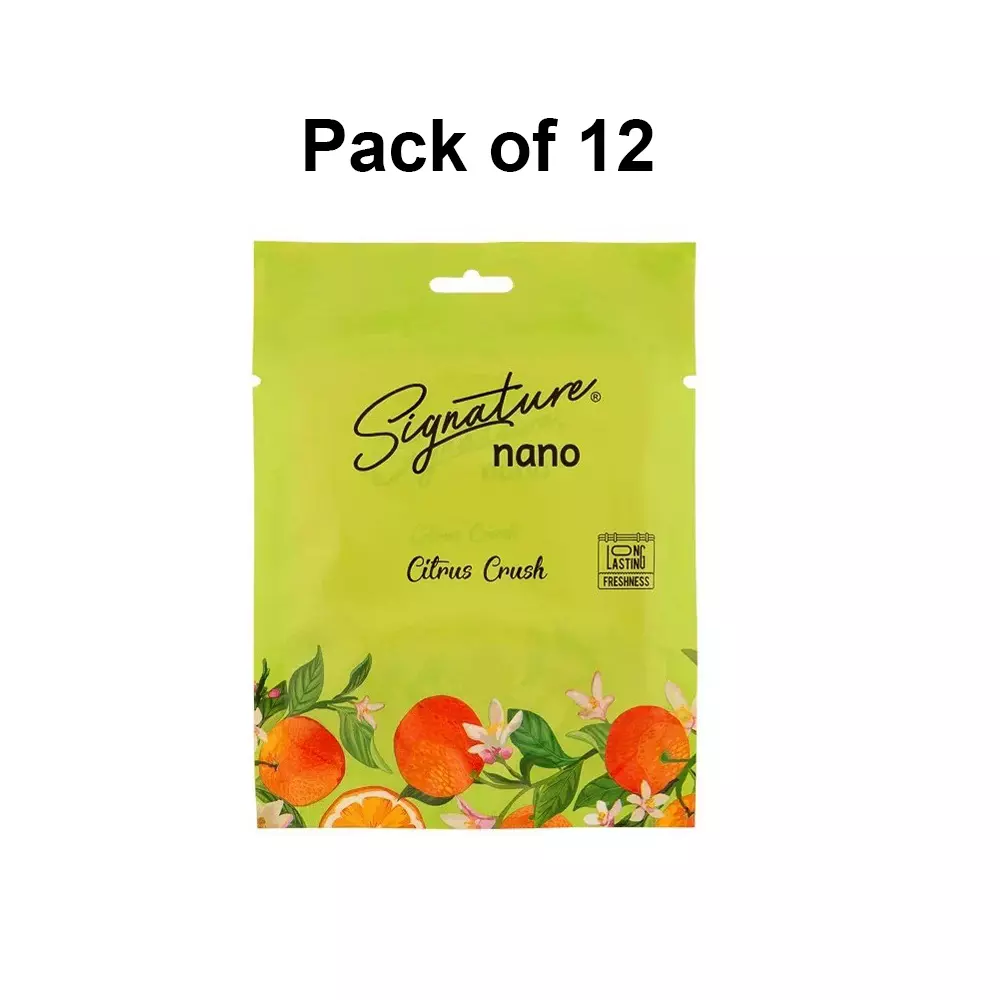 Signature Nano Air Freshener Sachet Citrus Crush Hanging Mount Type 10 g Packet Powder Form for Rooms, Cars & Bathrooms, FG001031 (Pack of 12 Pcs)