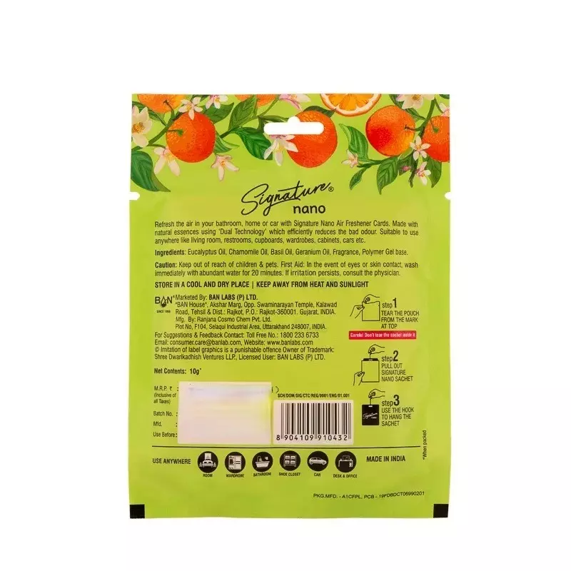 Signature Nano Air Freshener Sachet Citrus Crush Hanging Mount Type 10 g Packet Powder Form for Rooms, Cars & Bathrooms, FG001031 (Pack of 12 Pcs)