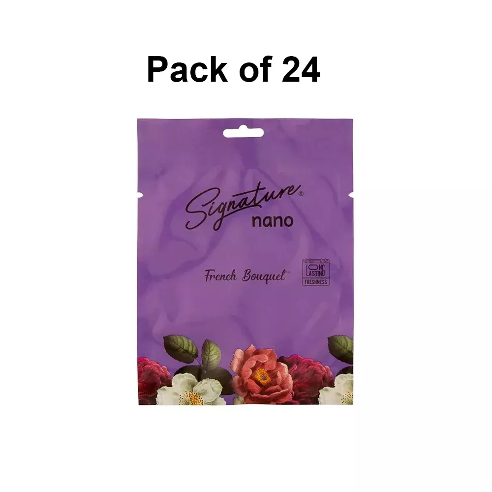 Signature Nano Air Freshener Sachet French Bouquet Hanging Mount Type 10 g Packet Powder Form for Rooms, Cars & Bathrooms, FG001032 (Pack of 24 Pcs)