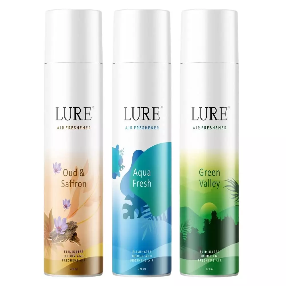 Lure Room Air Freshener Spray Kit 220 ml (Each) Oud & Saffron, Aqua Fresh, Green Valley Fragrance Bottle for Bathroom, Toilet, Home & Office
