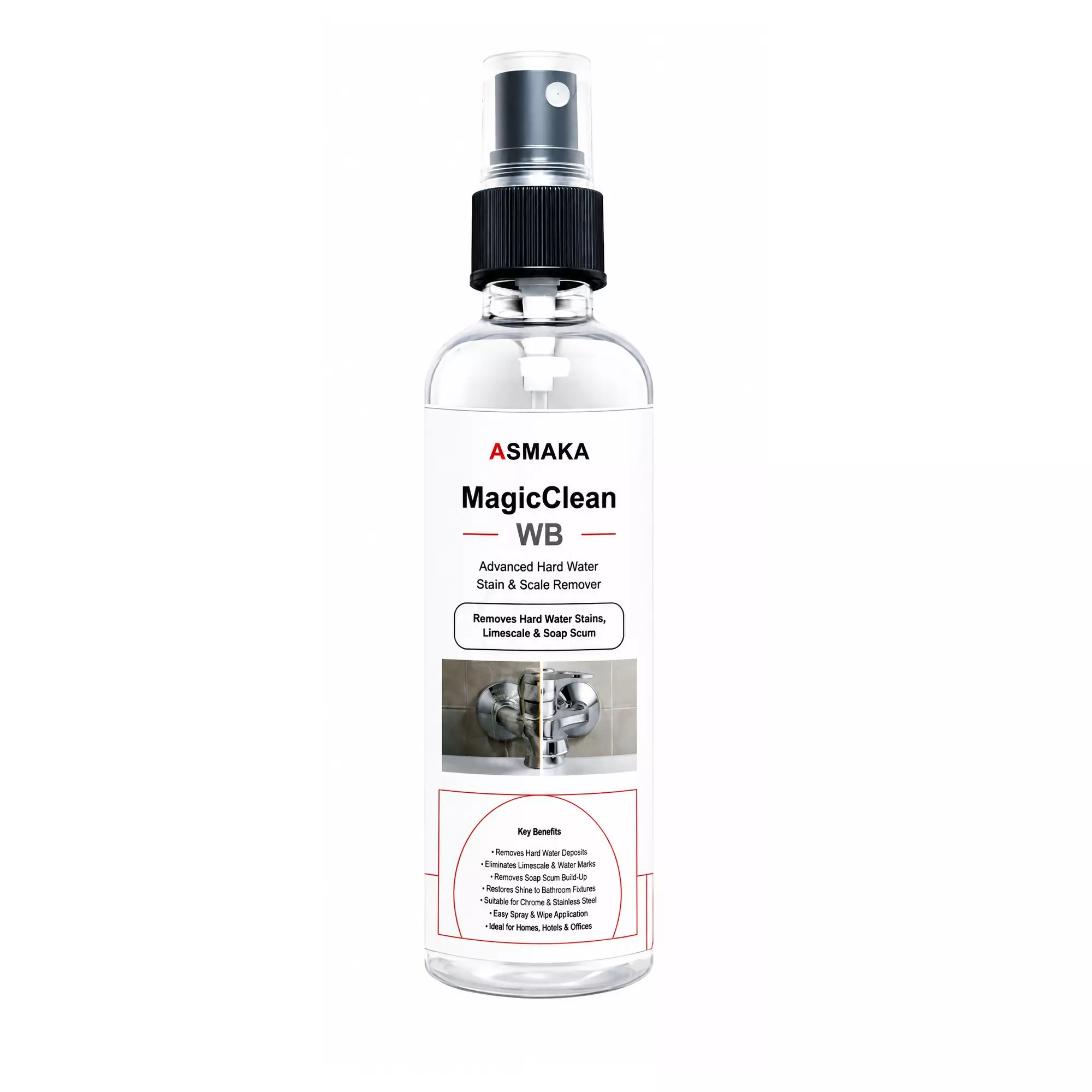 Asmaka Tap Cleaner & Limescale Remover 1 L Bottle Liquid Smooth Finish for Taps & Faucets, Magic Clean WB