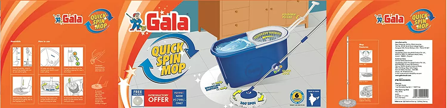 Gala 145790 Quick Spin Mop, Easy Wheels & Big Bucket with 2 Microfiber Refills (White and Blue)