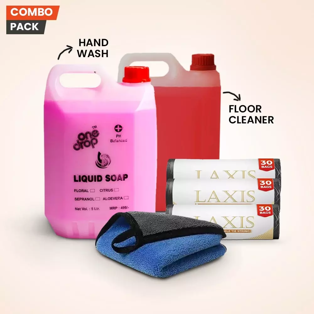 GENERIC Office Care Cleaning Essentials Kit – Biodegradable Garbage Bag, Liquid Hand Soap, Floor Cleaner, and 600 GSM Microfiber Cloth