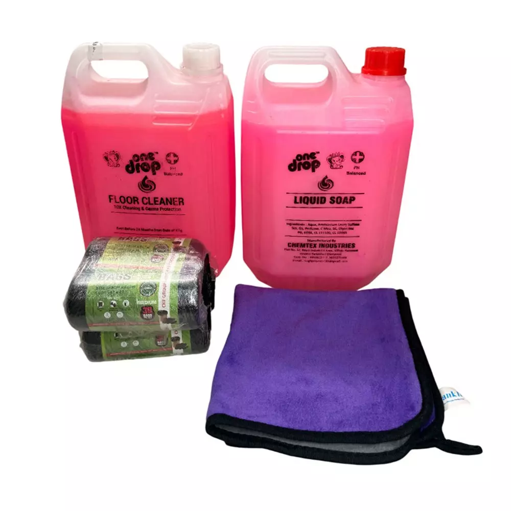 GENERIC Office Care Cleaning Essentials Kit – Biodegradable Garbage Bag, Liquid Hand Soap, Floor Cleaner, and 600 GSM Microfiber Cloth