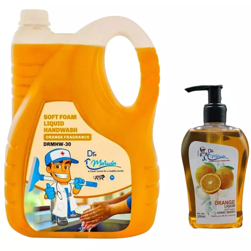 Dr. Marwin Handwash Soap Combo Orange (5 L Can + 250 ml Bottle) Natural Orange for Home, School & Hospitals