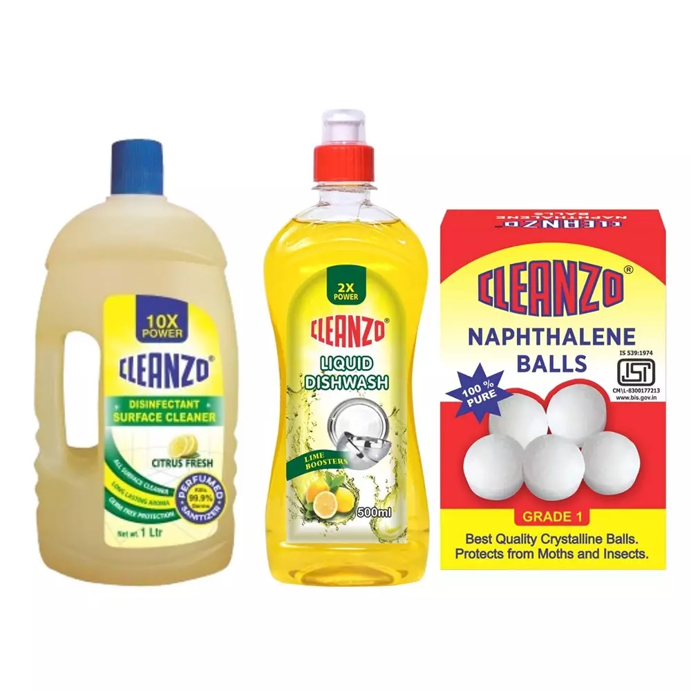 Cleanzo 3-in-1 Cleaning Combo Surface Cleaner, Dishwash, Naphthalene Balls Citrus Fragrance (Pack of 3)