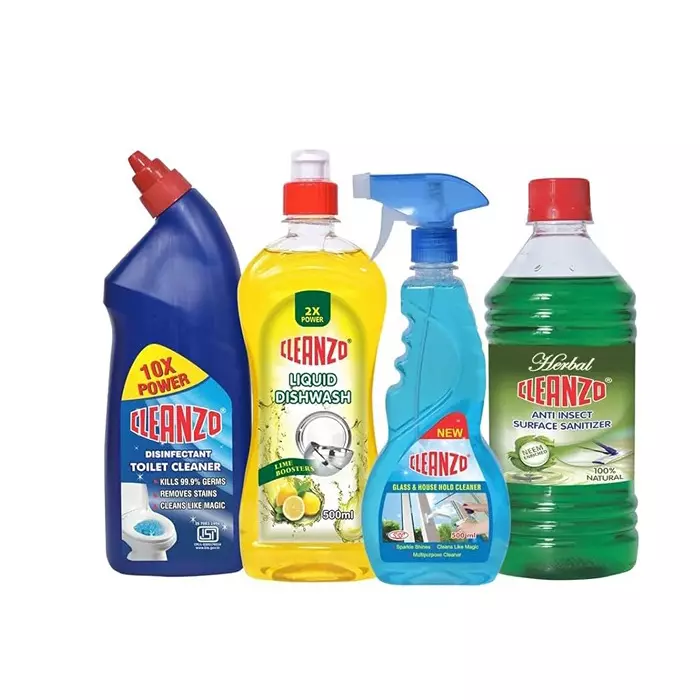 Cleanzo 4-in-1 Home Cleaning Combo Toilet Cleaner, Dishwash Gel, Glass Cleaner & Herbal Surface Sanitizer Citrus Fragrance (Pack of 4)