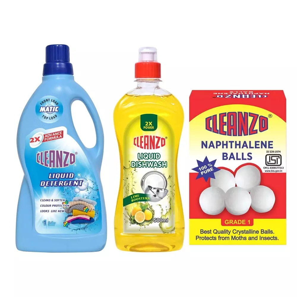 Cleanzo 3-in-1 Home Care Combo Liquid Detergent, Dishwash, Naphthalene Balls Fresh Fragrance (Pack of 3)