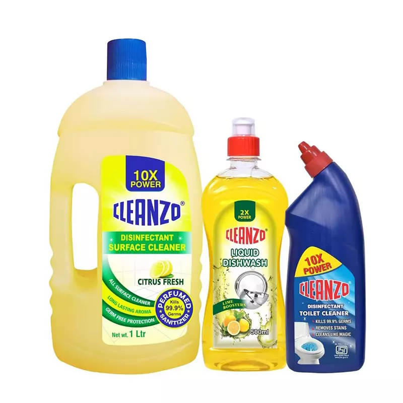 Cleanzo 3-in-1 Eco Cleaning Combo Disinfectant Surface Cleaner, Liquid Dishwash & Toilet Cleaner Citrus Fragrance (Pack of 3)