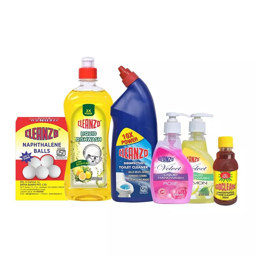 Cleanzo 6-in-1 Home Cleaning Combo Hand Wash Rose, Hand Wash Lemon, Toilet Cleaner, Dishwash Gel, Naphthalene Balls, Goclean Concentrate Citrus Fragrance (Pack of 6)