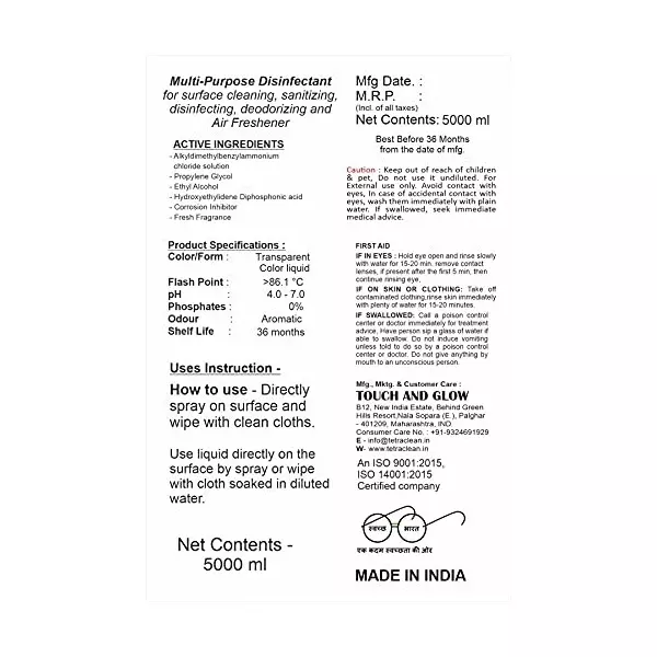 TetraClean Disinfectant Cleaner 5 L Aqua Scent Eco-Friendly for Floor Cleaning, Multi-Purpose Surface
