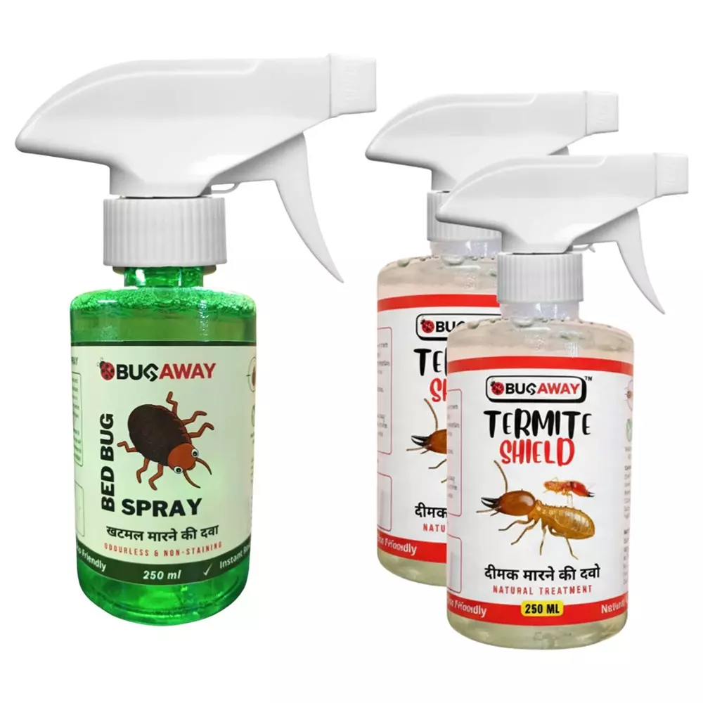 Bugaway Herbal 1 Pc Bedbug Spray (Khatmal Spray) (250 ml), 2 Pcs Termite Shield Spray (250 ml) Fragrance-Free Liquid for Home, School & Office Area