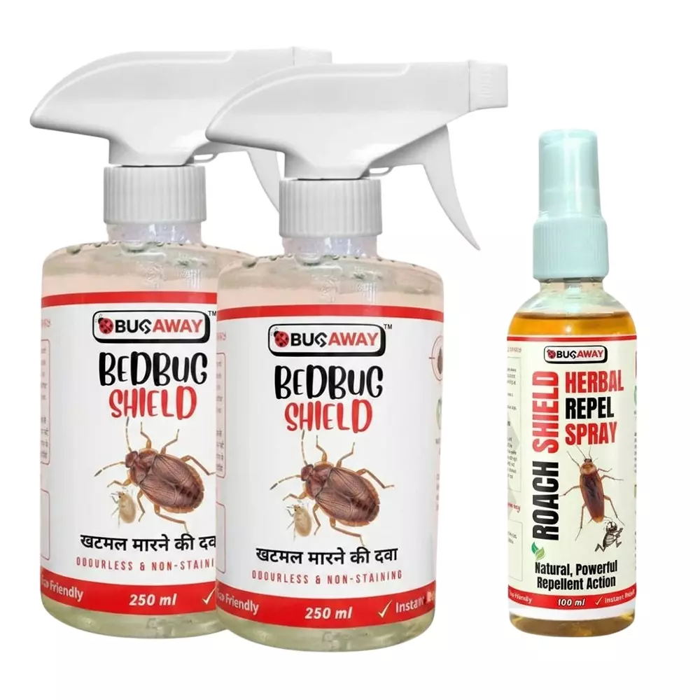 BUGAWAY Organic Bed Bug Shield 250 ml & Herbal Roach Shield Repellent 100 ml Spray Combo for Home (Pack of 3)