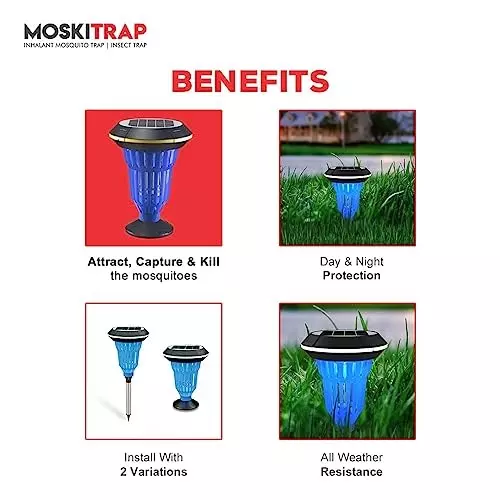 Moskitrap Solar Insect Killer with UV LED Light Solar-Powered Electric zapper Blue Plastic for Outdoor, TM04